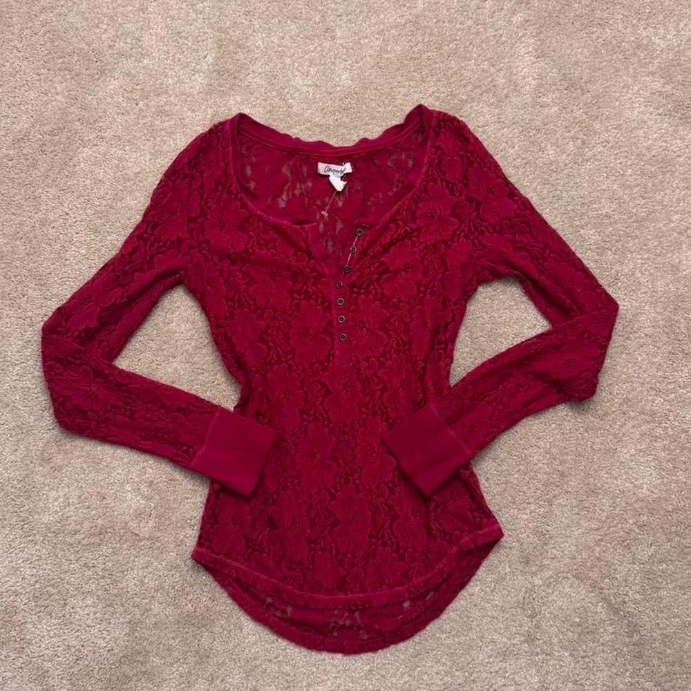 Y2K/Early 2000's Aeropostale Sheer Floral Red Lace Long Sleeve Size M - Picture 3 of 5